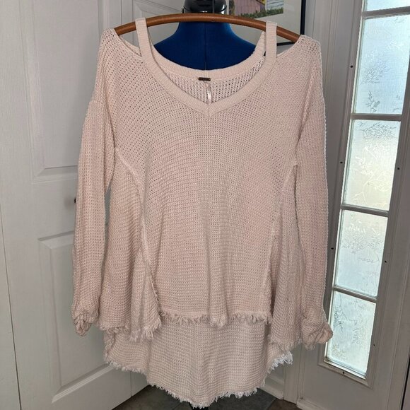 Free People Size S Cream Waffle Knit Moonshine Cold Shoulder V-Neck Sweater Boho - Picture 1 of 5